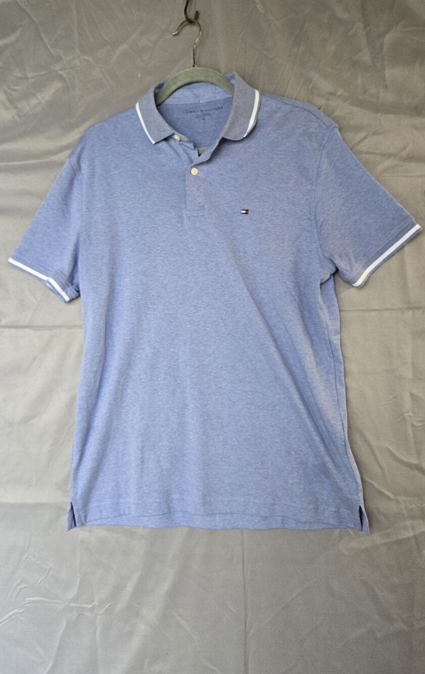 Tommy Hilfiger Polo Shirt Mens Medium Blue Jersey Knit Logo Short Sleeve